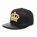 Side view of black hip hop cap featuring mesh fabric and a large gold rhinestone crown - Black