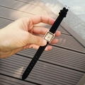 Square rose gold watch with white dial and black leather strap for women - Black