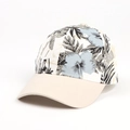 Detailed close-up of summer tropical floral print and beige brim on the baseball cap - Adjustable / Off-white