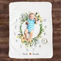 Baby monthly milestone blanket with floral wreath and numbers on white flannel fabric - Green Wreath
