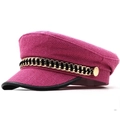 Pink tweed baker boy hat with golden chain decoration and black leather brim on white background - 56-59cm / Rose Red