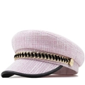Pink tweed octagonal cap for women with flat top and stylish gold chain accessory - 56-59cm / Pink