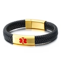 Schwarzes Leder-Notfallarmband mit goldenem Edelstahl-Schild und rotem medizinischem Symbol - Goldene Platte Schwarzer Geflochtener Stil (KB130437-KFC)