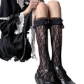 Elegant black lace knee-high socks with floral patterns and ruffled trim for Lolita style - Black Lace