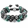 Macro detail of 10mm tiger eye and black onyx beads on a double-layer woven bracelet - 10mm Bead / Tiger Eye + Magnetic Stone + Obsidian
