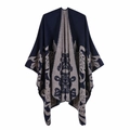 Detail of navy and beige knit poncho with intricate butterfly pattern texture - 135x155cm / Cut-Out Solid Butterfly Navy