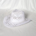 Detail of hand-woven white hollow cowboy straw hat with elegant crochet wave brim design - M (56-58cm) / White