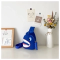 Detailed view of the shark-themed kids sling bag with side fin and zipper closure - Blue