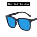 Square trendy sunglasses with glossy black frame and vibrant blue mercury lenses - Bright Black / Blue