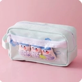 Mint green high-capacity canvas pencil case with cute drinks embroidery and PVC window - Green Drink Bottle