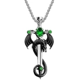 Retro halsketting met draak om zwaard gewikkeld, groene edelstenen en zilveren ketting - Groene synthetische edelsteen met roestvrijstalen ketting (heren)