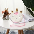 Cute white unicorn plush crossbody bag with golden horn and pink braided strap details - Long Plush Unicorn / White