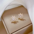 Elegant gold flower earrings with zircon inlays presented in a beige jewelry gift box - Silver Earring Post Copper Gold Plated / Flower Stud Earrings (F504)