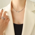 Silver heart pendant necklace and chain textured open ring set for women - 40+5cm / Silver