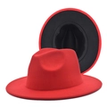 Detail of red fedora hat featuring a wide brim and contrasting black inner lining - M (56-58cm) / Red + Black