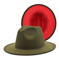 Detailed view of bicolor fedora hat featuring olive green exterior and vibrant red lining - M (56-58cm) / Army Green & Red