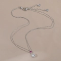 Double layer silver necklace with pink gemstone and white zircon pendant for women - Silver