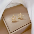 Elegant gold plated star drop earrings with sparkling crystals on white satin backdrop - S925 Silver Needle + Gold Plated Copper / Star Stud Earrings (D136)