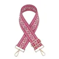Detail of adjustable woven wide purse strap with pink geometric ethnic pattern and gold hooks - Rose Red