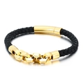 Bracciale da uomo in pelle nera intrecciata con maglia a catena in acciaio inox dorato - 19cm / Oro (KB130452-KFC)