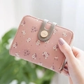 Pink faux leather short wallet for women featuring elegant purple floral prints and zipper - Dust Rose