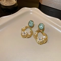 Vintage gold plated floral drop earrings with green stones and white shell flowers - Vintage Gem Flower (1 Silver Earring Post. Gold)