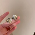 Vintage tulip pearl earrings with cream petals, dark grey crystals, and golden base - Vintage Court Floral (Steel Earring Post - Asymmetric)