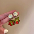 Elegant tulip flower earrings with red enamel rose buds and golden hammered finish studs - Red Rose Bud (3# Silver Earring Post - Gold Flower Earrings)