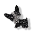 Detailed macro shot of French Bulldog brooch with black and white rhinestones - Corgi