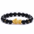 Bracelet en agate noire naturelle avec perles d'obsidienne et gravure Pixiu dorée - Bracelet Pi Xiu en Agate Noire 10MM