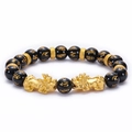Bracelet Onyx Noir 10mm avec Pi Xiu doré et Mantras dans le Style Oriental Classique - Style Mantra Six Vraies Paroles Pi Xiu (10mm)