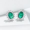 Boucles d'oreilles halo élégantes avec émeraudes vertes ovales et plaquage argent - Stud boucles d'oreilles / Or Blanc Vert Émeraude