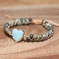 4mm turquoise beaded bracelet with heart-shaped stone and bohemian braided cord - Style C-Greenish Grey African Jade