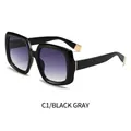 Square fashion sunglasses with black frames, purple-gray gradient lenses, and gold trim - Black Frame Black Grey Lens