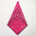 Detailed view of pink Paisley patterned cotton bandana folded into a triangle shape - Rose Red