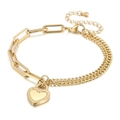 Golden titanium steel double-layer bracelet with heart padlock charm and link chain - Gold Bracelet-Black Heart Lock (KB163534-Z)