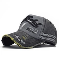 Distressed grey washed cotton baseball cap with Rebel 3D embroidery and frayed brim detail - Adjustable / Black (Bull Head Embroidery)