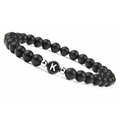 Matte black 6mm agate beaded bracelet with white letter K and silver accents - Letter K