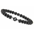 Detailed macro view of 6mm matte black onyx beads with a silver charm letter E on the bracelet - Letter E