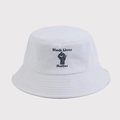Detail of black embroidery text and fist logo on a white cotton bucket hat - M / Fist Graphic White