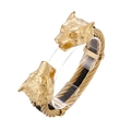 Golden double wolf head cable bracelet with black leather weave and bold steel finish - Gold (KB164174-KFC)