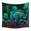 Bohemian mushroom tapestry with glowing blue and green fantasy design on black fabric - Fantasy Glowing Mushroom (MG100005)