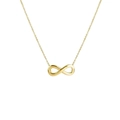 Collar con símbolo de infinito dorado pulido para mujer con cadena fina sobre fondo blanco - Dorado