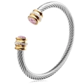 Silver twisted cable cuff bracelet with gold ends and pink gemstones and sparkling accents - October (Pink)