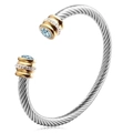 Tweekleurige zilveren stalen armband met gouden uiteinden en blauwe kristallen - Maart (Aquamarijn Zirkonia)