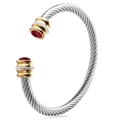 Silver twisted cable open bangle with gold ends and red gemstone inlays - July (Ruby/Dark Red)
