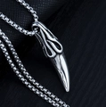 Silver stainless steel necklace featuring a stylized tusk pendant on a box chain - Talon + Steel Chain
