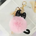 Rosa Kunstfell-Katzen-Schlüsselanhänger mit Lederohren und goldenem Metallverschluss - Rosa