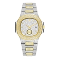 Vista detallada del reloj de lujo con cristales brillantes y toques dorados - Bicolor (Oro y Plata)