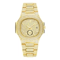 Detalle de reloj de cuarzo dorado para hombre con cristales incrustados y esfera brillante - Dorado